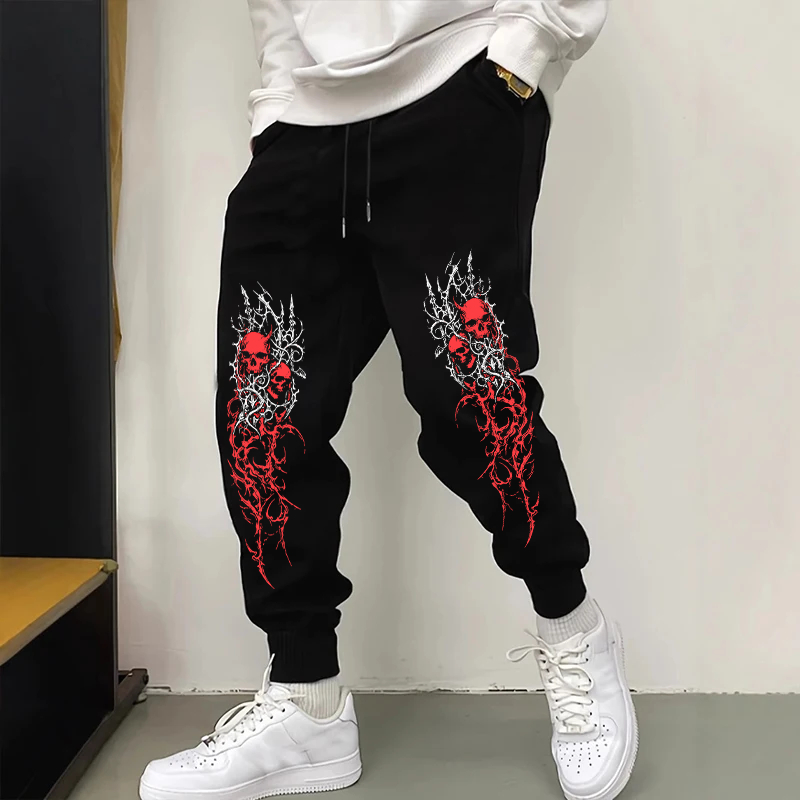 Calça De Moletom Slim Algodao Quentinha Estilosa Skull Devil Gotico Punk Red Grunge Treino Unissex