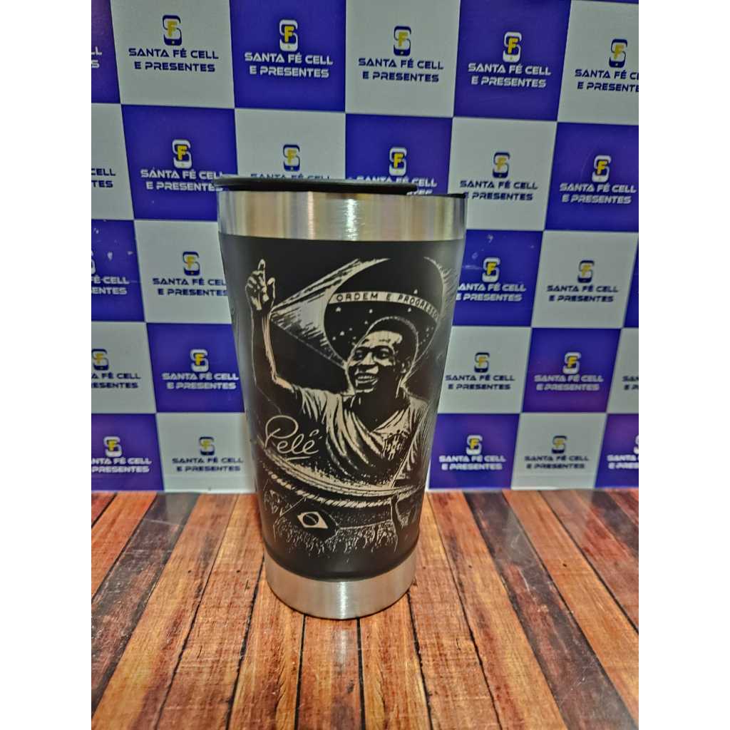 Copo Térmico 473ml Seleção Brasileira Neymar e Pelé Inox | Gravação a Laser 360° | Tampa com Abridor