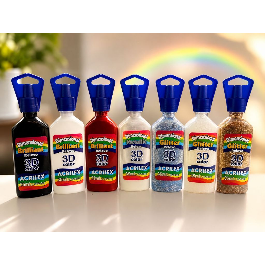 Tinta 3D Brilliant Dimensional Relevo Preto / Branco / Marrom / Prata e com Glitter 35ml Acrilex