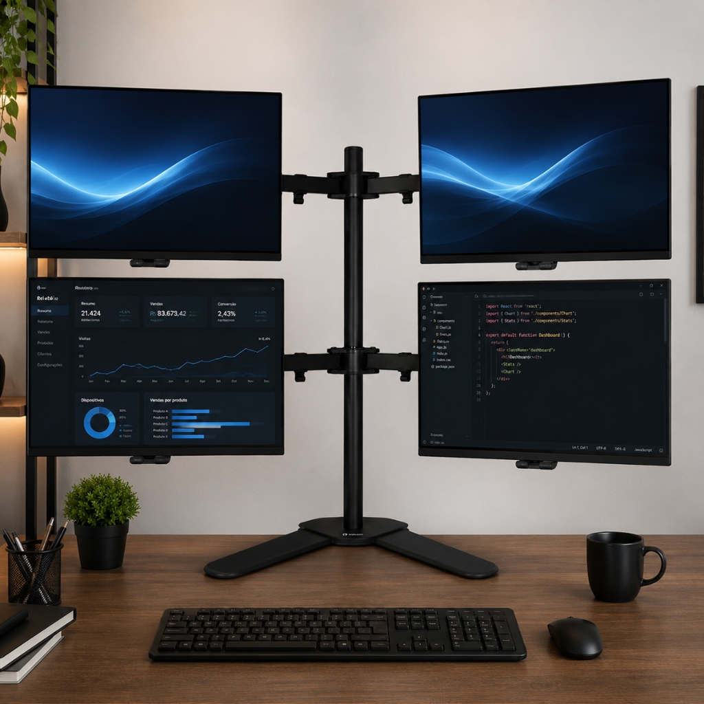 Suporte Articulado Multifuncional Para 4 Monitores Até 8Kg Rotação 360° e 90° de inclinação