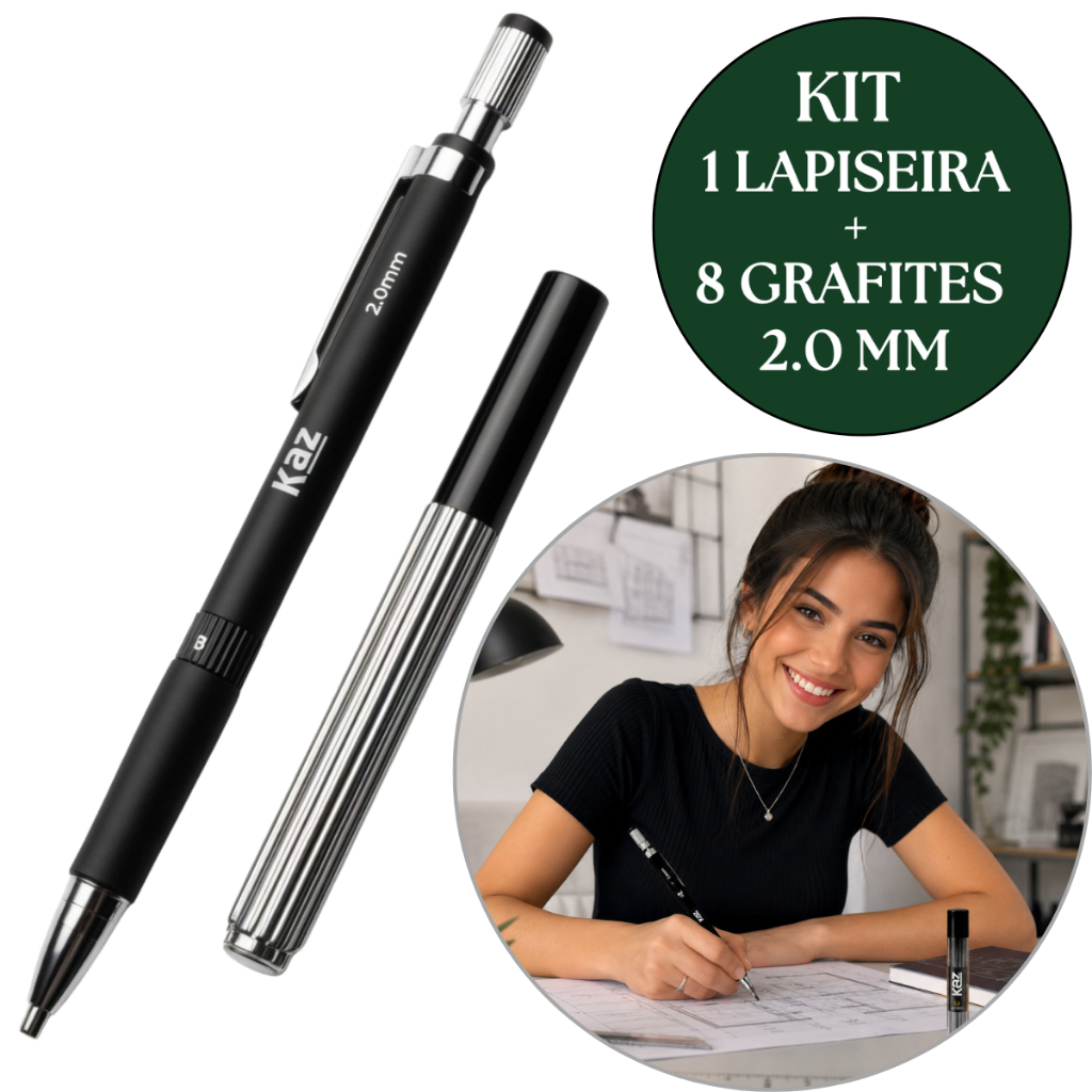 Kit 1 Lapiseira 2.0 + Tubo com 8 Grafites 0,2mm Material de Escritório Volta Aulas Material Escolar