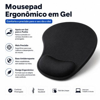 MousePad Ergonômico Preto com Apoio de Pulso em Gel Almofadado Conforto Escritório Comput…