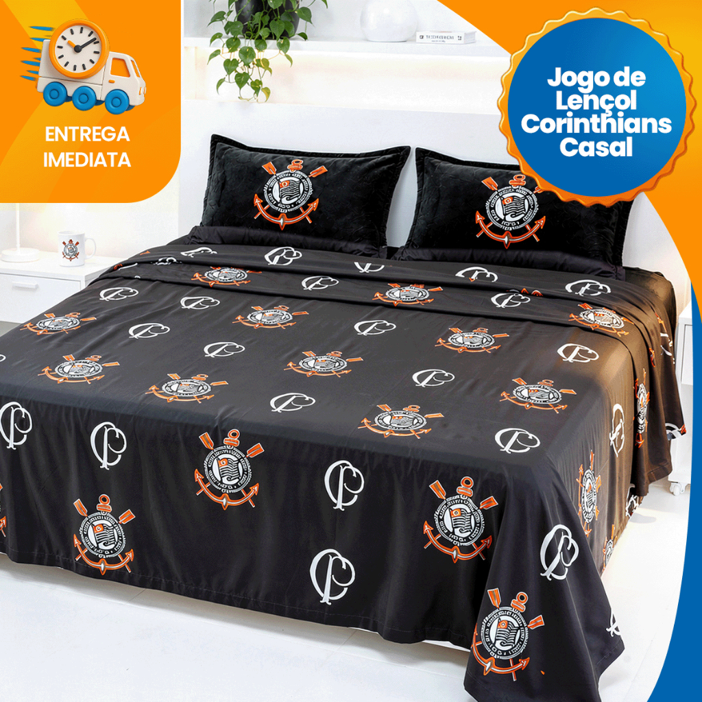 Lençol Cobre Leito Solteiro e Casal Completo Time Corinthians