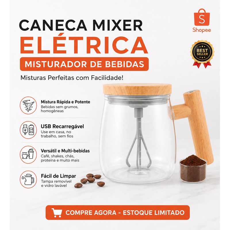 Caneca Elétrica Mixer USB 400ml – Sheik Way Automática, Recarregável e Portátil