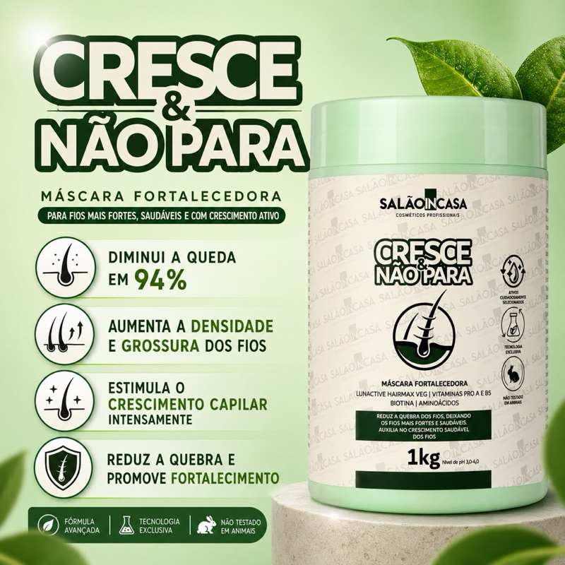 Máscara Cresce & Não Para 1kg | Crescimento Capilar | Antiqueda | Fortalecedora | Salão In Casa