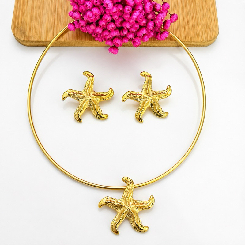 Colar Choker Aro e Brinco Estrela do Mar Orgânico Dourado Folheado Ouro Bijuteria Feminina Praiano Elegente