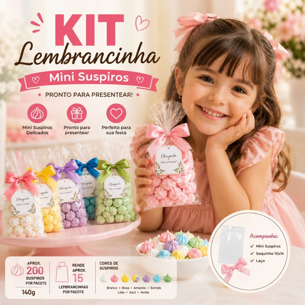Kit Lembrancinha Mini Suspiros Coloridos + Saquinho 10x14 + Laço | Aproximadamente 200 Unidades 140g
