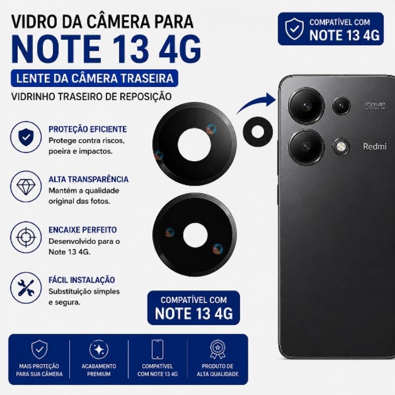 Vidro da Camera Para Xiaomi Note 13 4g Lente da Câmera Traseira Vidrinho Traseir