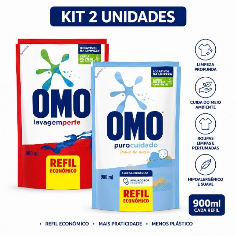 Kit 2 Lava Roupas Omo Sachê 900ml + Omo Puro Cuidado 900ml