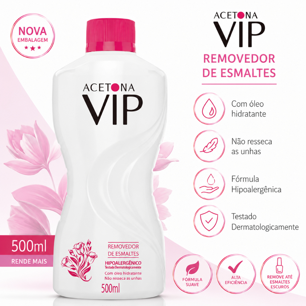 Removedor de Esmaltes Hipoalergênico a Base de Acetona VIP - 500ml