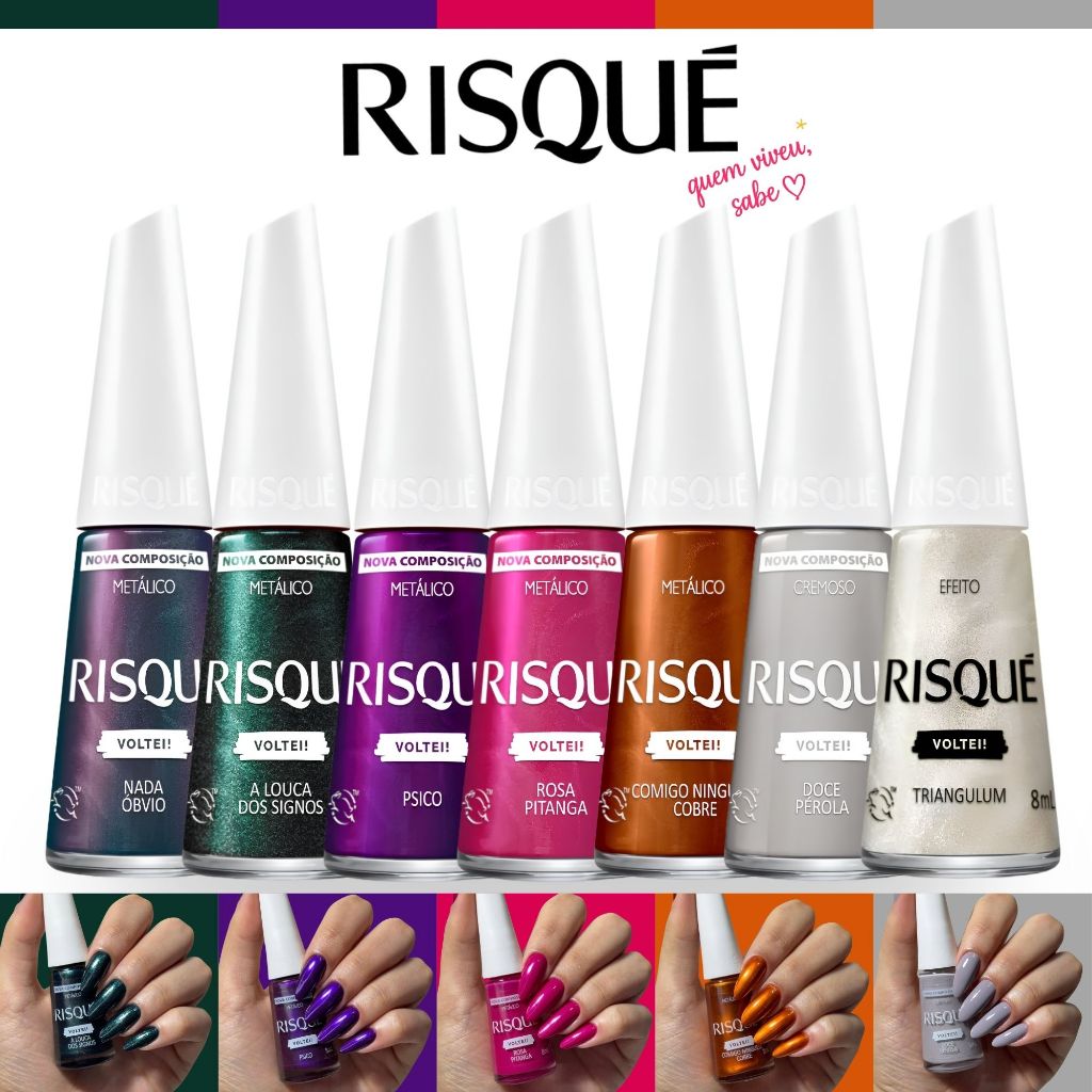 Kit 7 Esmaltes Risqué Voltei Lançamento Tons Metálicos Esmalte Atacado