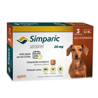 Simparic 20 mg 3 comprimidos Antipulgas e Carrapatos e Sarnas – Cães de 5,1 a 10 kg ZOETIS ORIGINAL