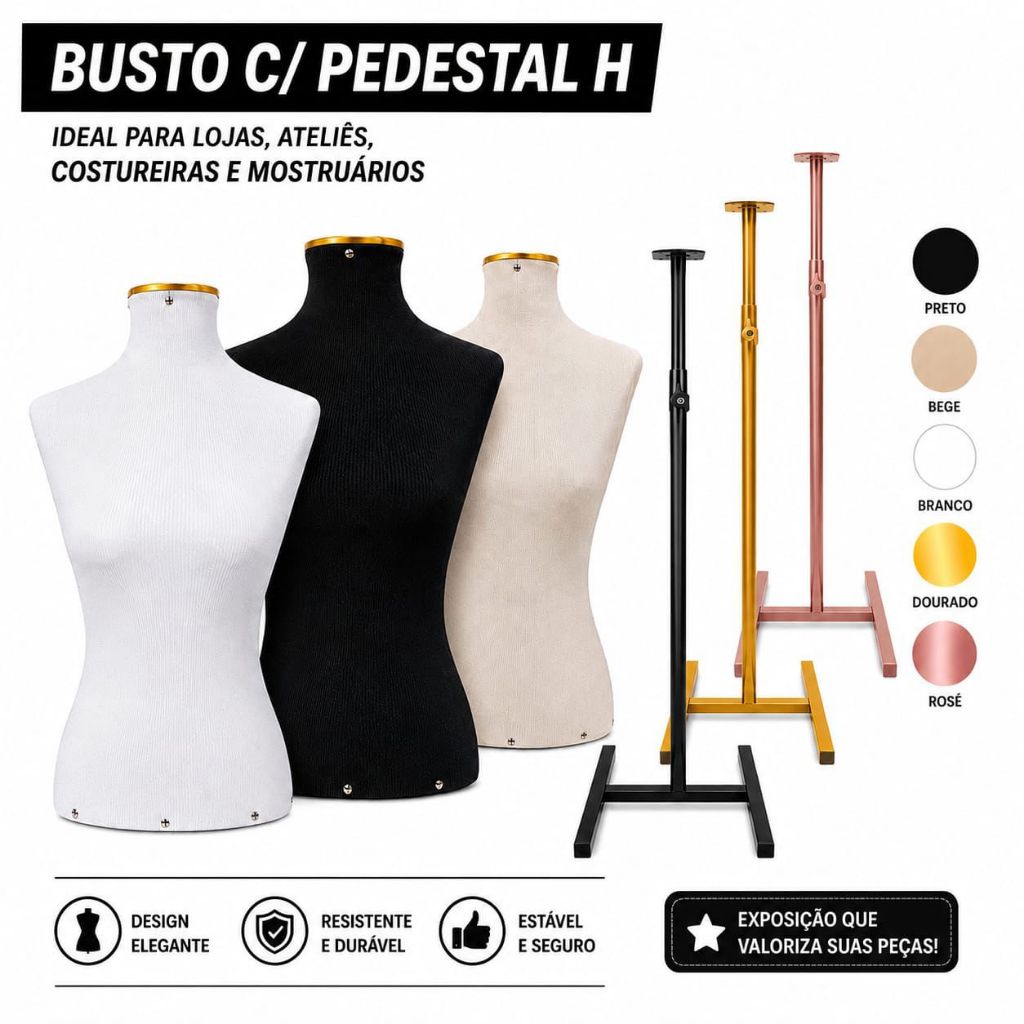 Busto Manequim Costureira com Pedestal H para Exposição de Roupas ateliê e costura. 36,38,40.