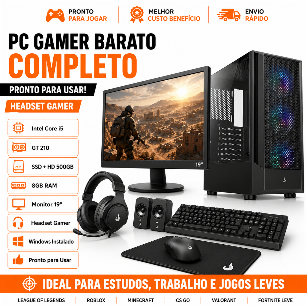 PC Gamer Barato Completo i5 GT 210 SSD+HD 500GB Headset Gamer Monitor 19 Windows