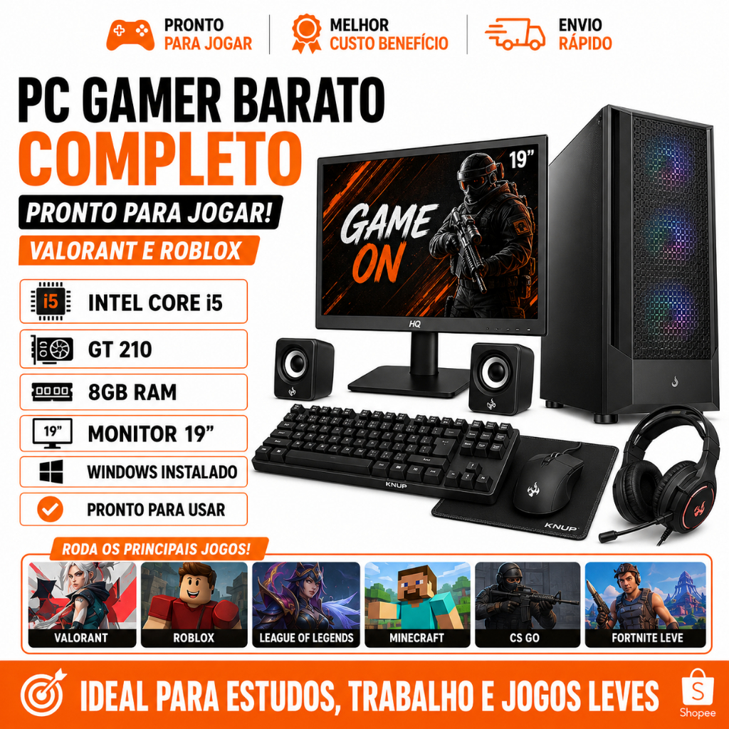 PC Gamer Barato Completo i5 GT 210 Monitor 19 Valorant Roblox SSD HD 8GB Windows