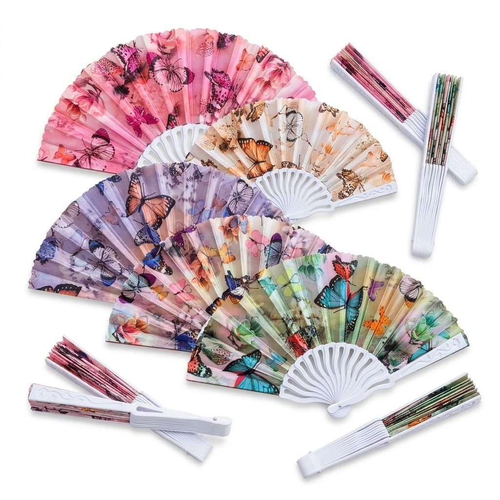 Leque Mão Feminino Borboleta Estampado Dobrável Colorido Acessório Festa Casamento Verão