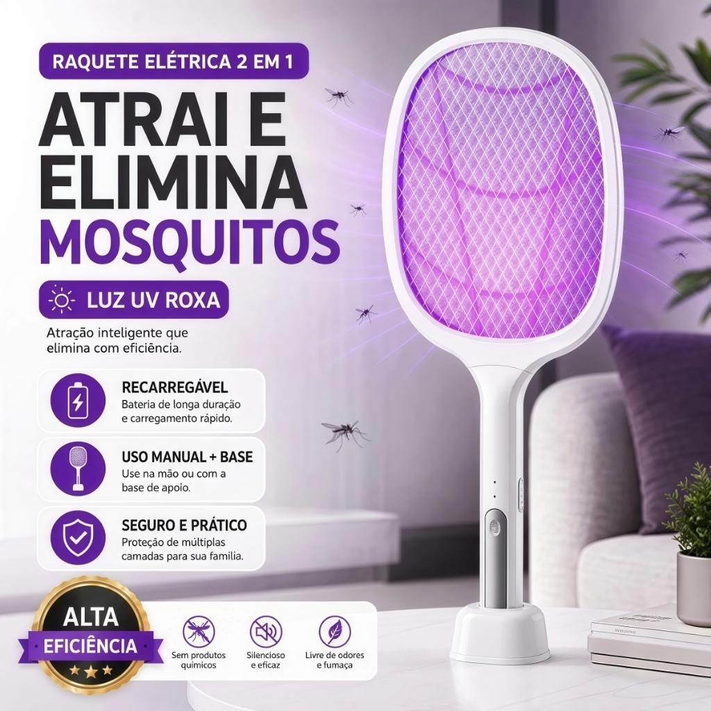 Raquete Elétrica Mata Insetos Recarregável com Luz UV Base USB 2 em 1 Alta Eficiência