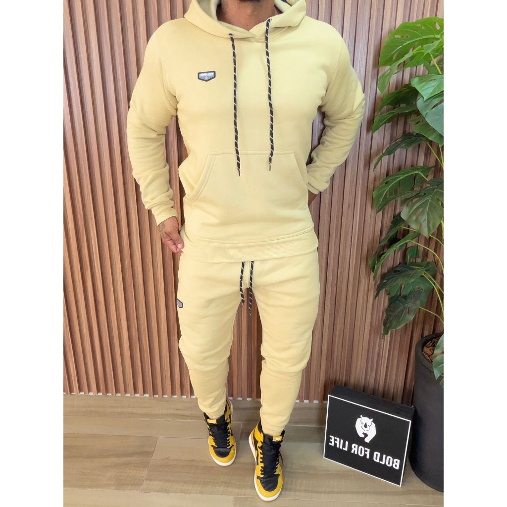 Conjunto Masculino Moletom Blusa Canguru Com Capuz E Calça Jogger Felpado Casaco De Frio Agasalho Flanelado  Confortavel