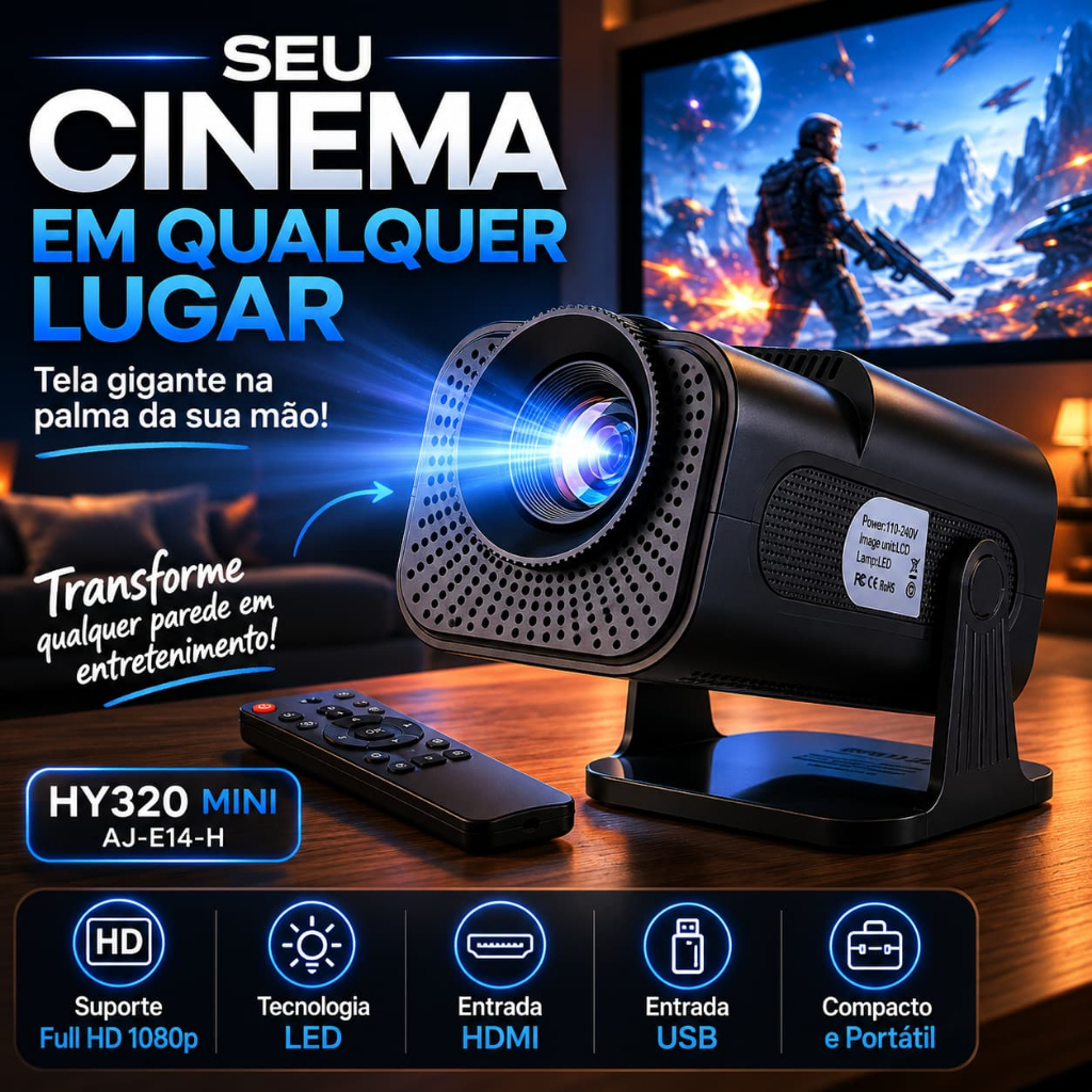 Projetor Portátil Full HD HY320 Mini LED HDMI USB Cinema Casa 1080p Controle Remoto Preto