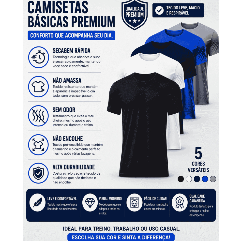 Kit 5 Camisetas Básicas Masculina Dry Fit Premium para Academia lisa Trabalho presente