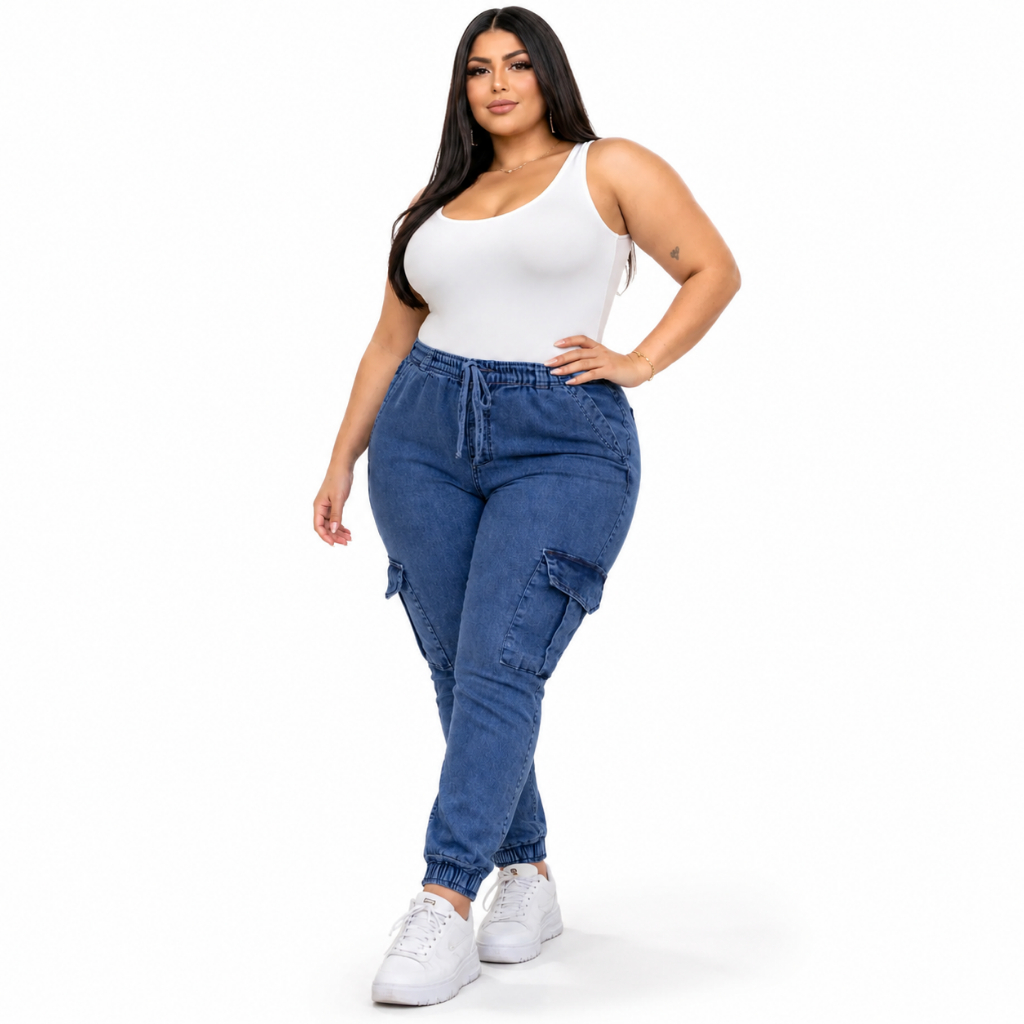 Calça Jeans Plus Size Cargo Jogger Feminina Cintura Alta Modela e Confortavel com lycra cós elastico moda blogueira