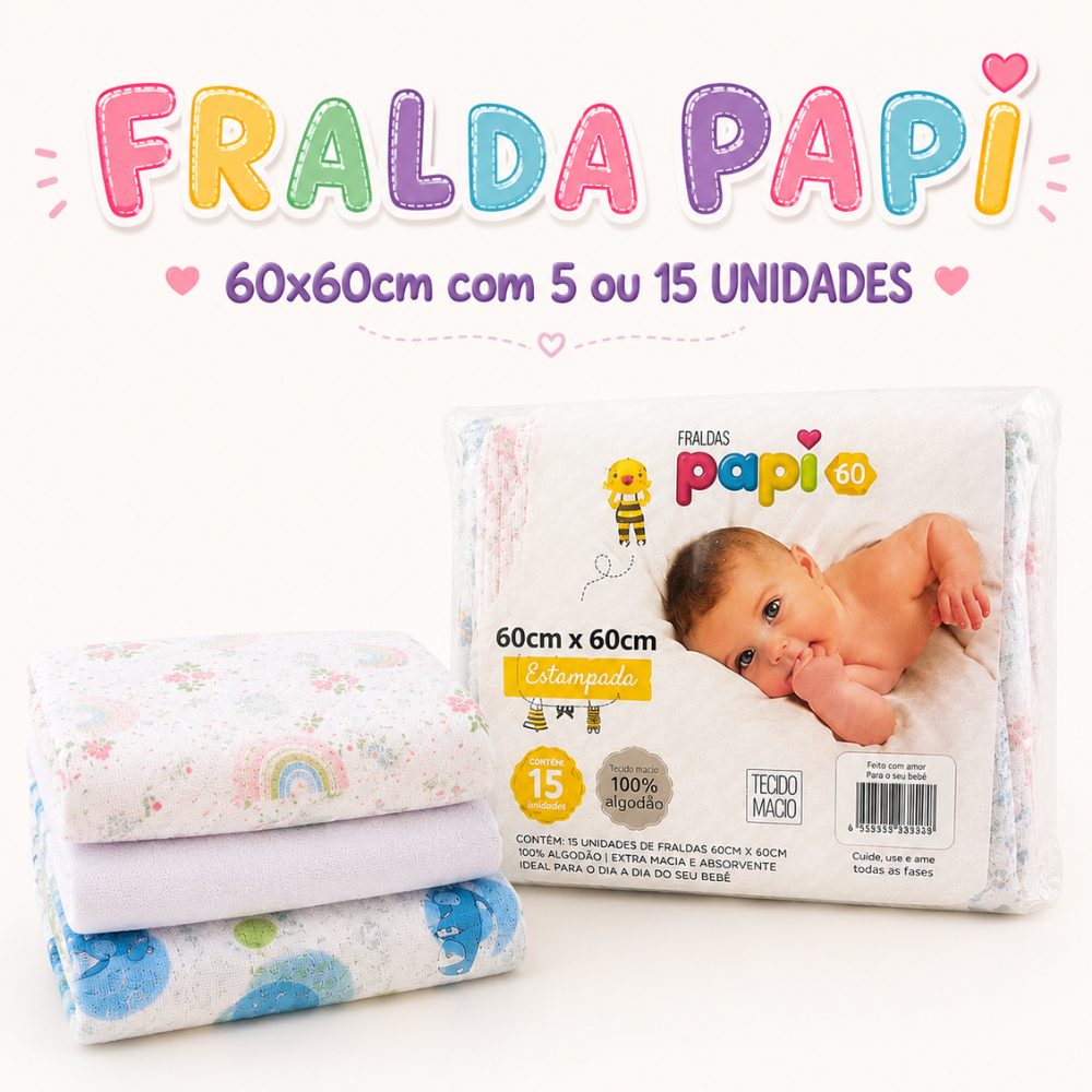 Kit Fralda 5, 10 ou 15 Unidades Bebê de Pano Papi 100% Algodão 60x60cm Branca ou Estampada