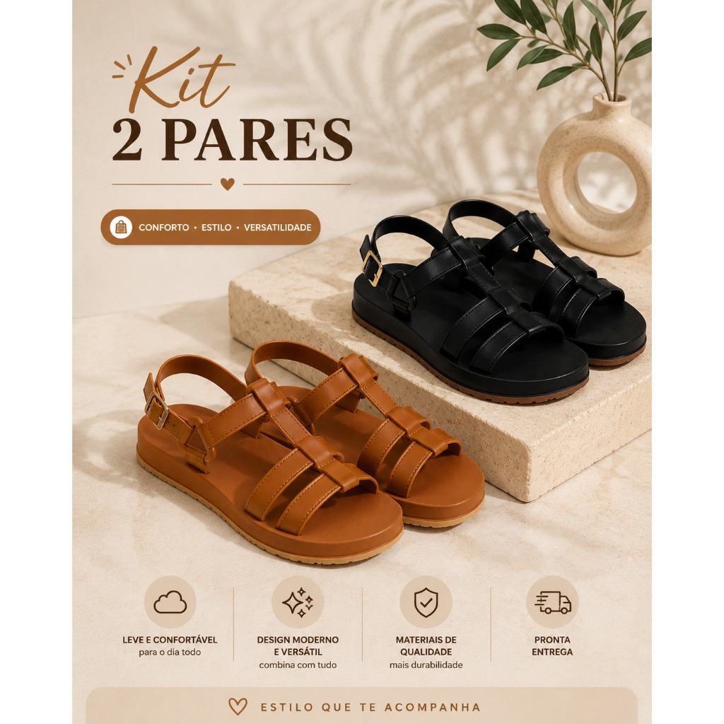 Kit 2 Pares Sandalia  Feminina Papete Plataforma Ortopédica Leve Macia Antiderrapante Casual Dia a Dia