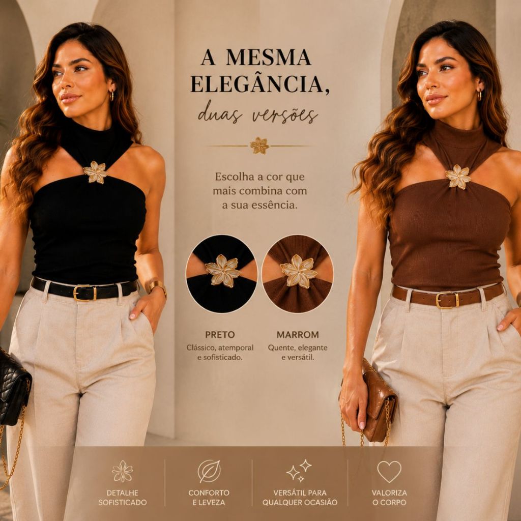 Kit 2 Cropped Feminino Gola Alta Flor Dourada Blusa Blusinha com Bojo Não Marca