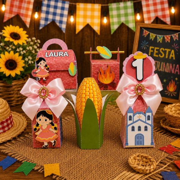 Kit Caixas 3D Personalizadas Lembrancinha Festa de Aniversario Junina