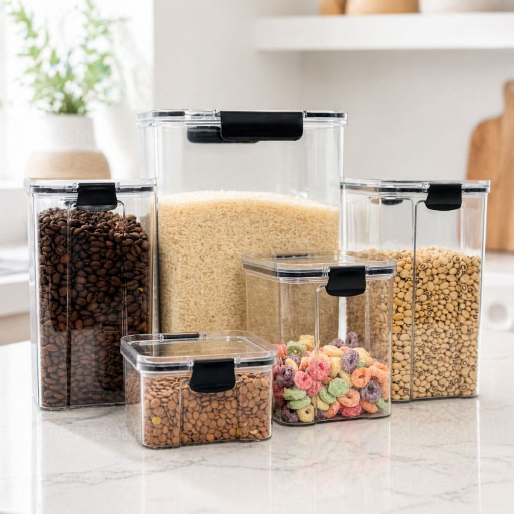 Kit  Potes Herméticos em Acrílico Cristal com Trava – Design Empilhável e Ideal para Mantimentos