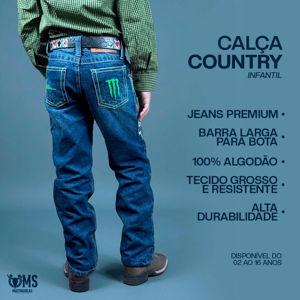 Calça Jeans Infantil Country Masculina Bordada 2 a 16 Anos Barra Larga Para Bota Rodeio Premium