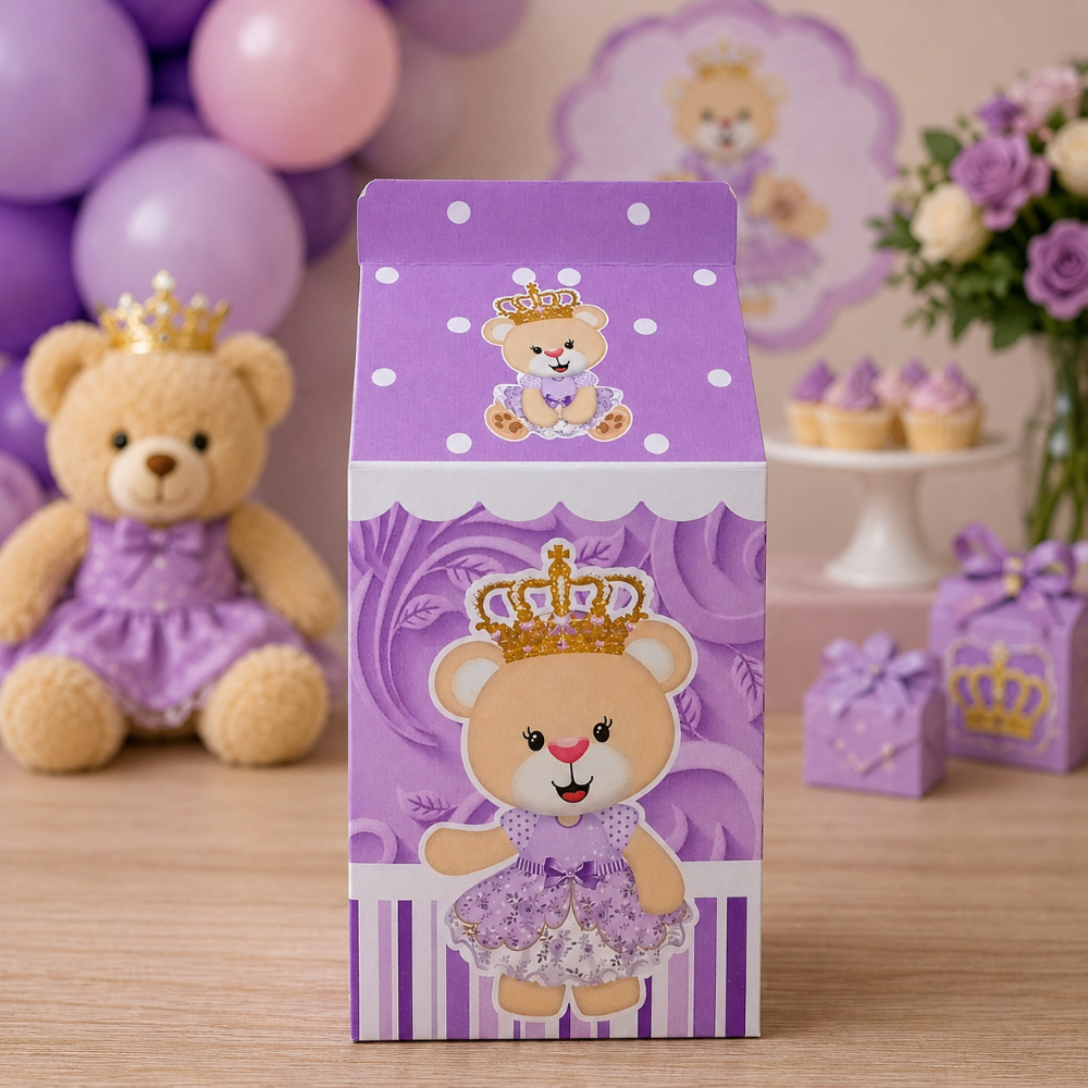 Caixinha Milk Ursinha Princesa Lilás Chá de Bebê Personalizada Lembrancinha para Festa