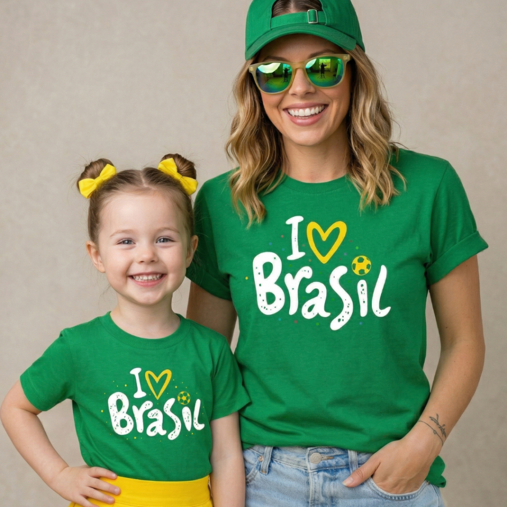 Camiseta do Brasil Mãe e Filha I love Brasil Blusa em Algodão Premium (Preço unitário por camiseta)
