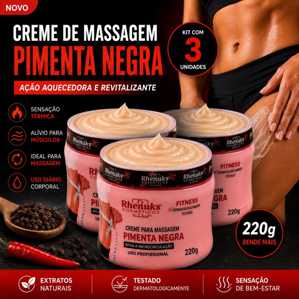 Creme Corporal Para Massagem Pimenta Negra Rhenuks -  Uso Diário 200g Hidratação e Cuidado Diário