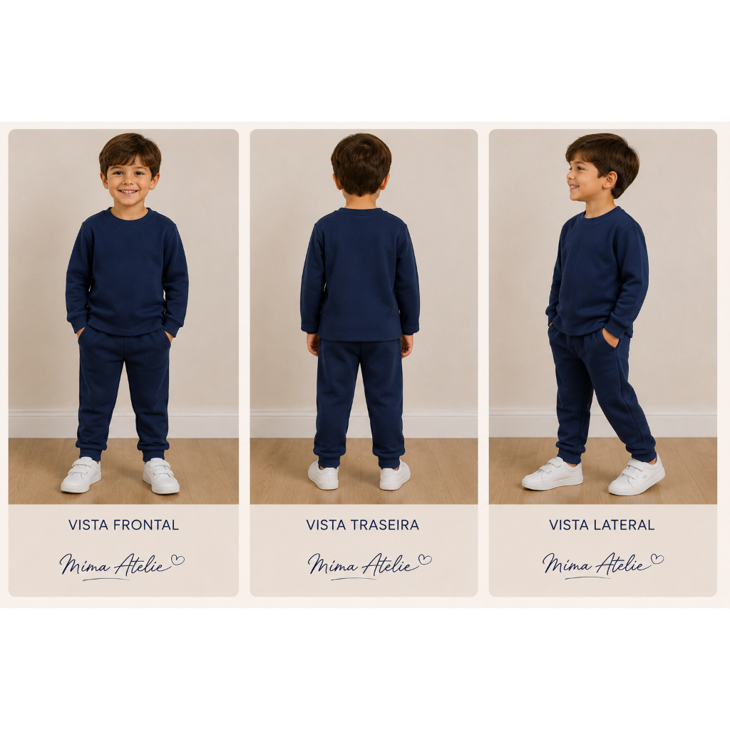 Conjunto de Moletom Infantil Peluciada Inverno | Confortável Quentinha com Punho | Azul Marinho e Terra Cota