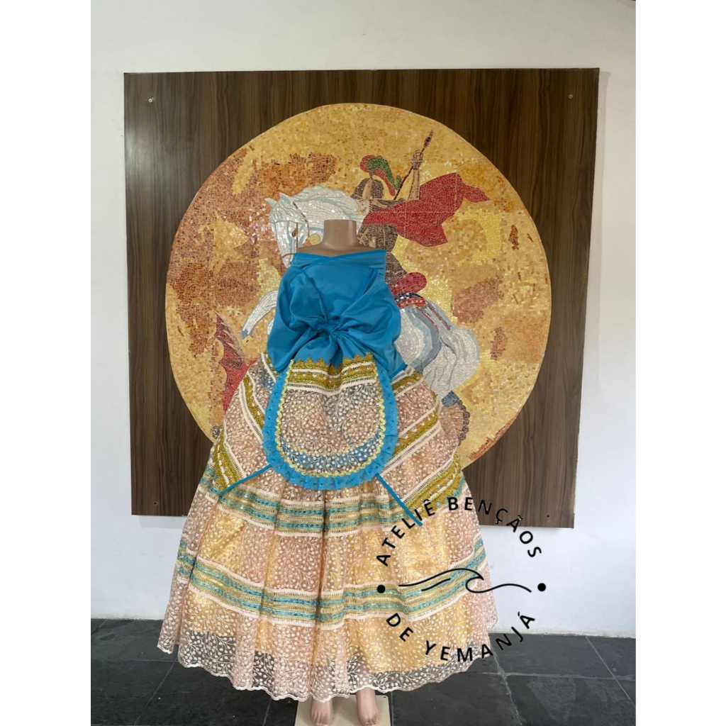 Run Logunedé Amarelo e Azul em renda (saia, pano da costa e pano de cabeça)