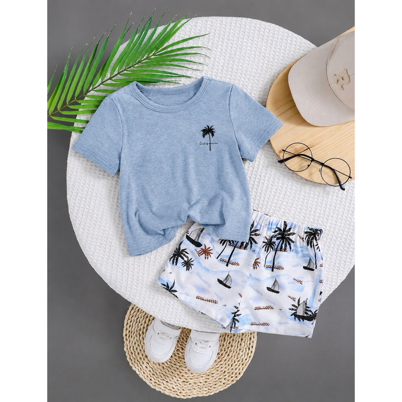 Conjunto casual de verão para bebê menino com camiseta de manga curta e shorts estampado de árvore de coco, ideal