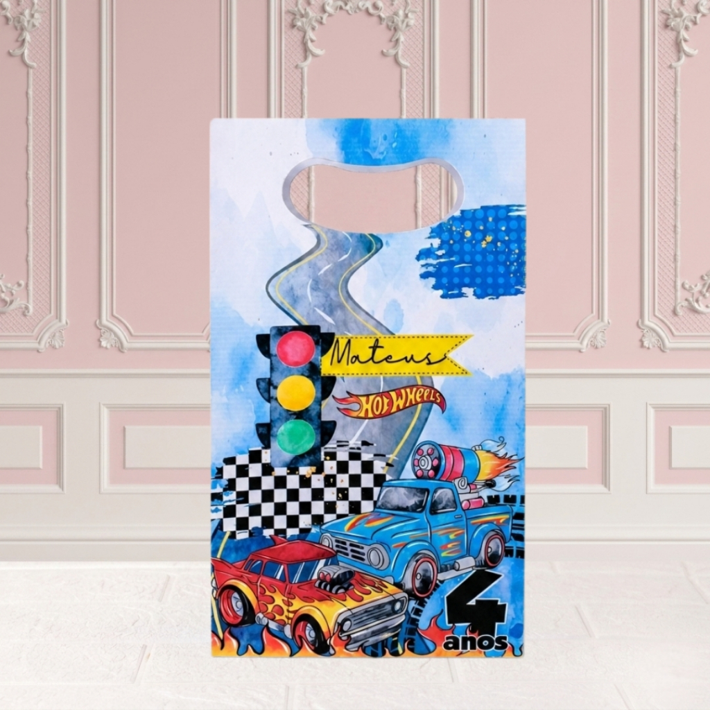 Sacola Personalizada Boca de Palhaço M HOT WHEELS AQUARELA Lembrancinha para festa Infantil DESMONTADA