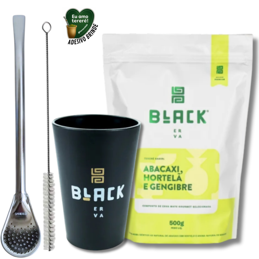 Kit Tereré Copo Acrílico Black Erva 350ml + Bomba Clássica + Erva Mate Black 500g + BRINDES