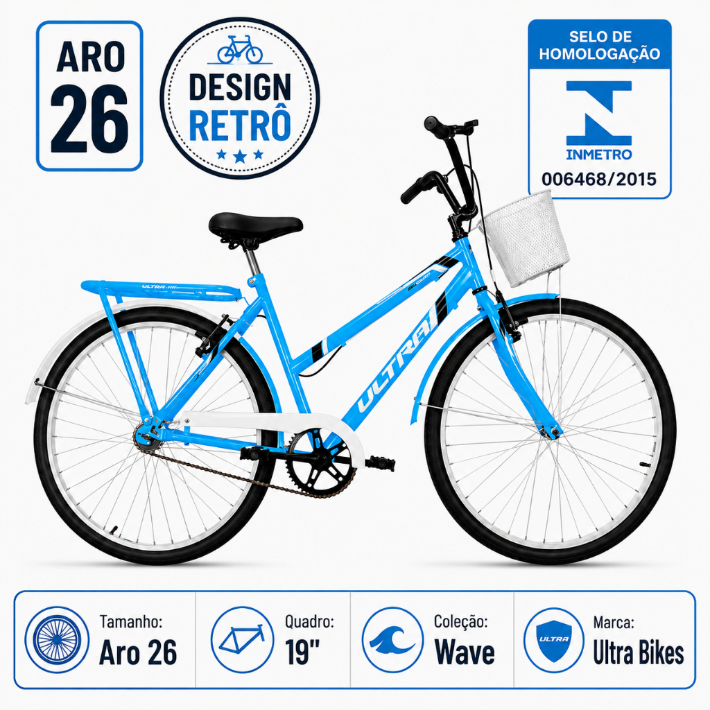 Bicicleta Aro 26 Ultra Bikes Wave Vintage Retro Summer Feminina Azul Bagageiro Cesto Adulta Passeio