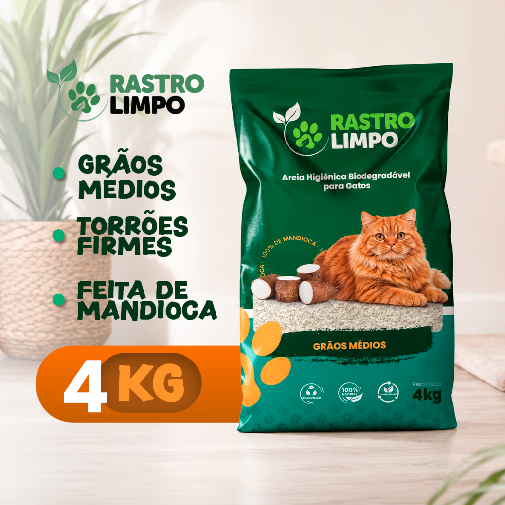 Areia Biodegradável Grãos Médios 4 Kg Higiênica - Rastro Limpo Premium Torrões Firmes para Gatos