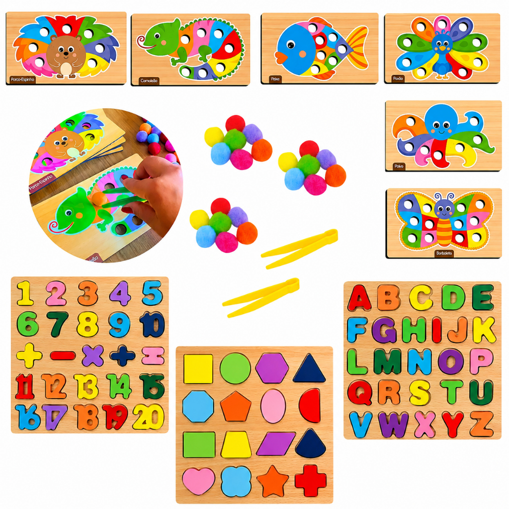 Kit Brinquedo Jogo Educativo Aprender Cores Coordenação Motora Brinquedo em Madeira 3 a 4 Anos