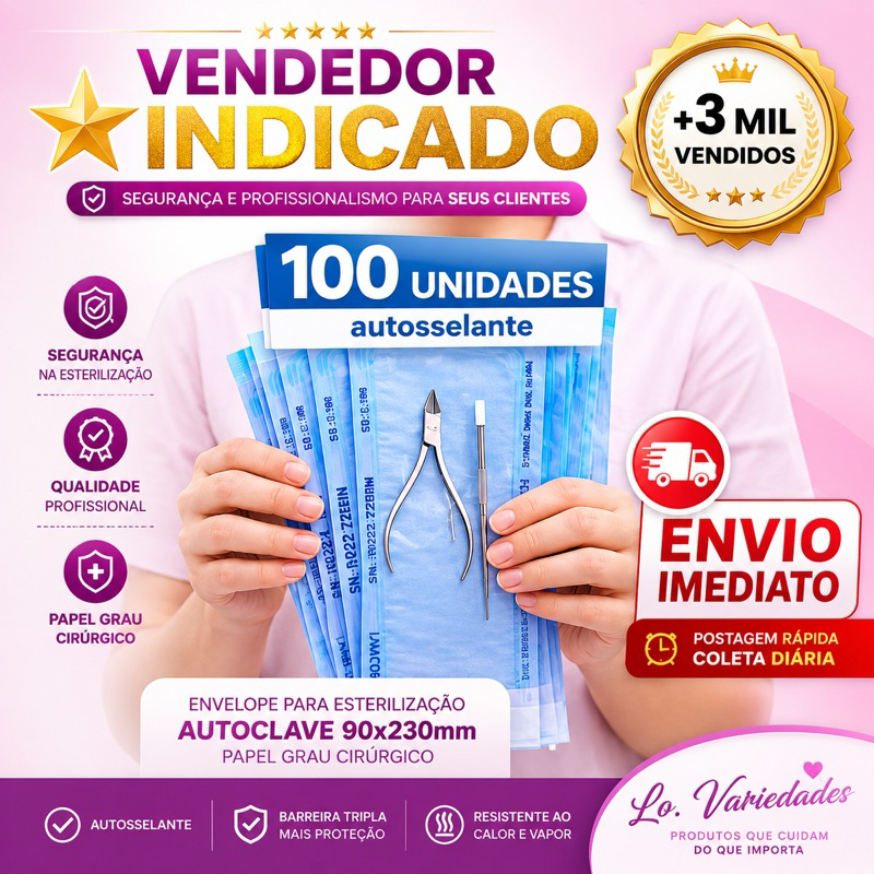 Envelope Esterilização para Autoclave 90x230mm, Auto selante, Papel Grau Cirúrgico 100 Un.