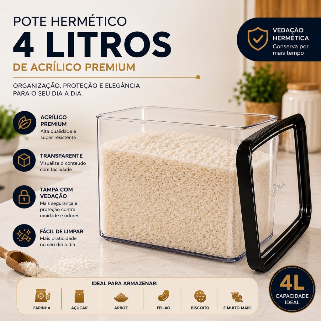 Pote Hermético 4L Acrílico Premium Empilhavel Organizador BPA Free Transparente