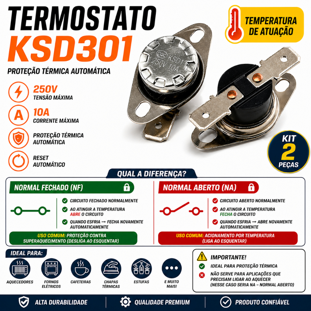 Termostato Bimetálico Ksd301 50°c 250v 10a  Normal Fechado Kit 2pçs