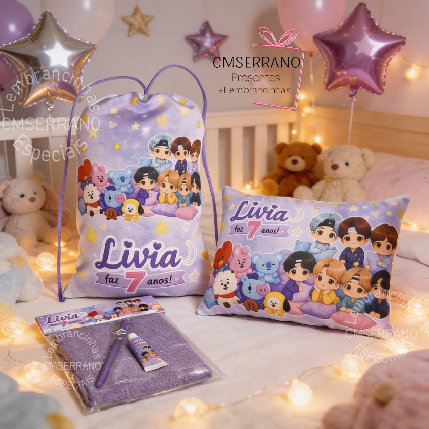 Kit Festa Pijama Almofada 30 x 20 cm Kit Higiene Escova Creme Dental Toalha Mochila Personalizado
