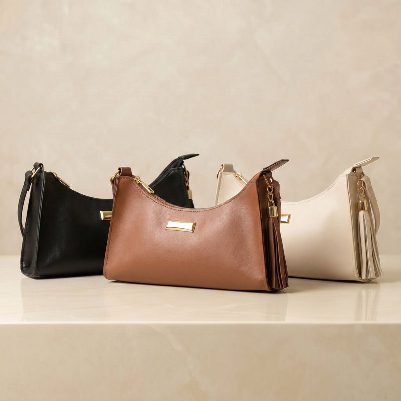 Bolsa Baguete Fashion com Chaveiro Tassel e Detalhes Dourados
