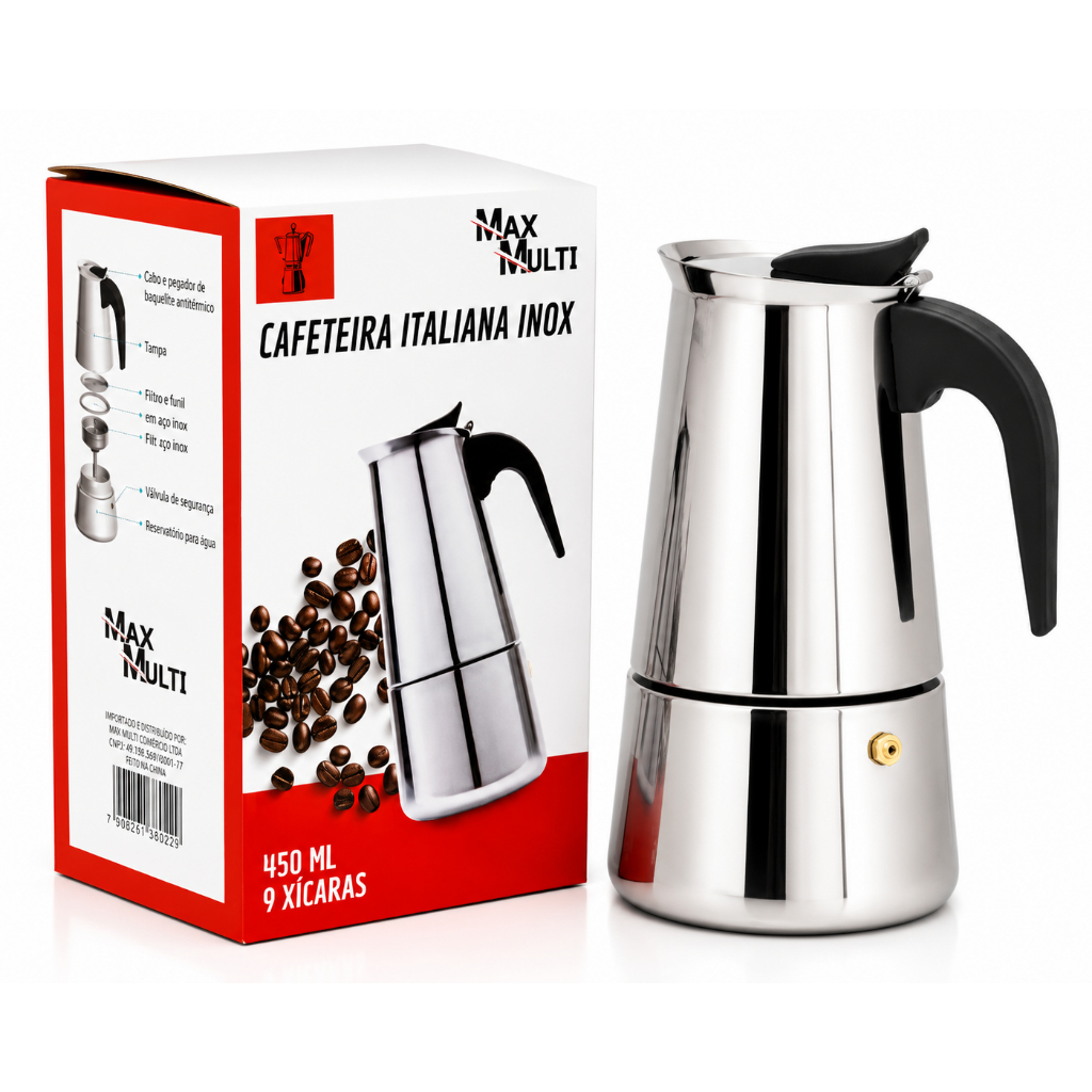 Imagem Cafeteira Expresso Italiana Luxo Moka Inox 9 Xicaras Compatível com Fogão de Indução Aprox 450ml