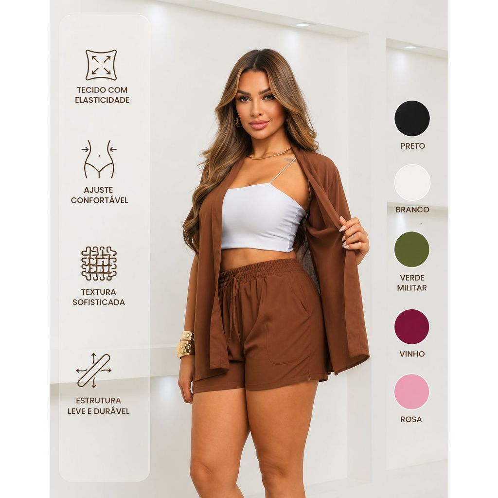 Conjunto Feminino 2 Peças Kimono Alongado e Short Cintura Alta Casual Chic Elegante