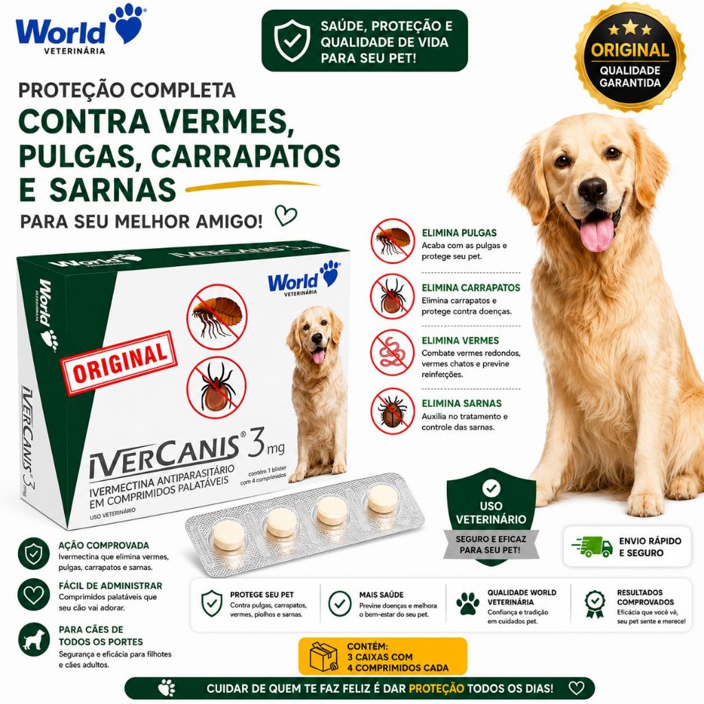 Remedio para carrapato, pulgas e sarna Ivercanis 3mg C/4 Comprimidos - World